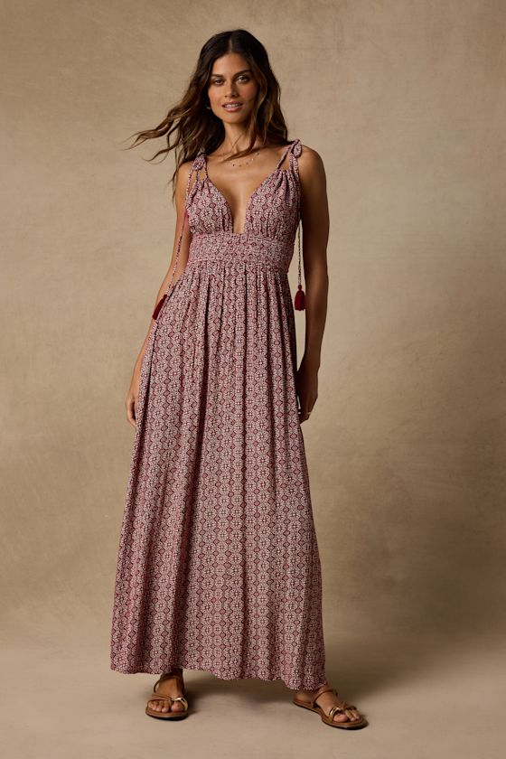 Field Day Wine Red Print Tie-Strap Maxi Dress