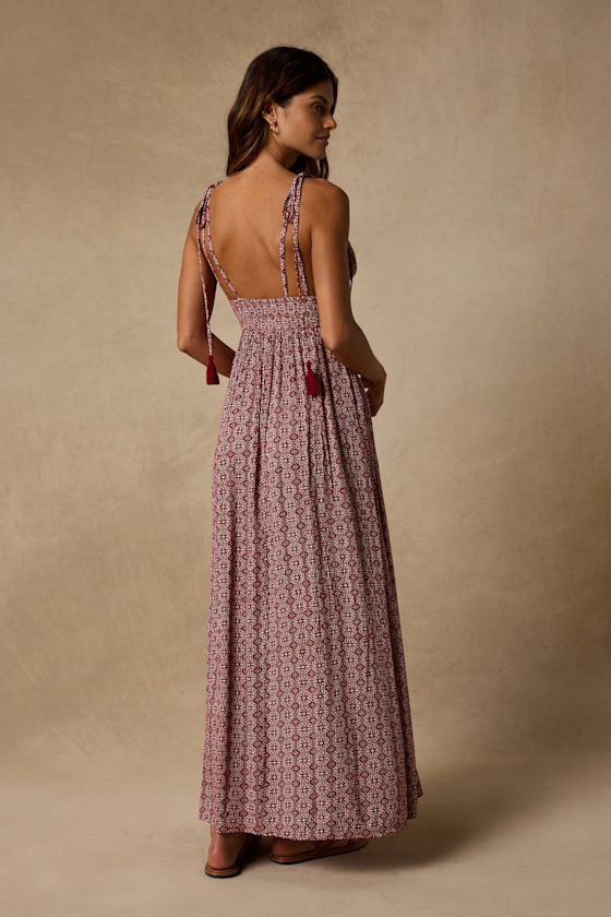 Field Day Wine Red Print Tie-Strap Maxi Dress