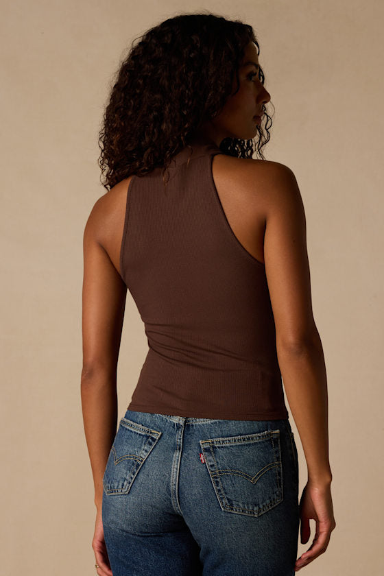 Essential Energy Brown Ribbed Sleeveless Cutout Cross-Front Top