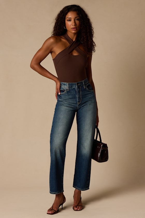 Essential Energy Brown Ribbed Sleeveless Cutout Cross-Front Top