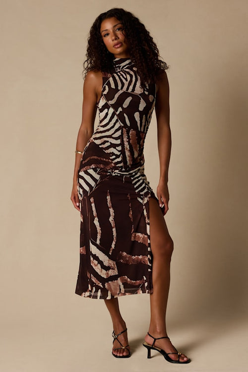 Rosannah Brown Multi Abstract Mesh Mock Neck Midi Dress