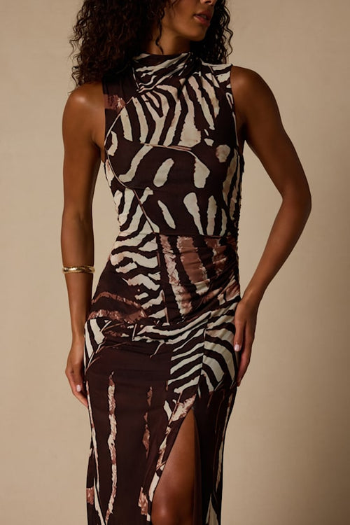 Rosannah Brown Multi Abstract Mesh Mock Neck Midi Dress