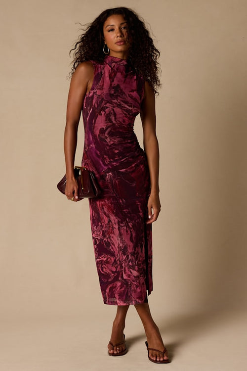 Rosannah Mauve Multi Abstract Mesh Mock Neck Midi Dress
