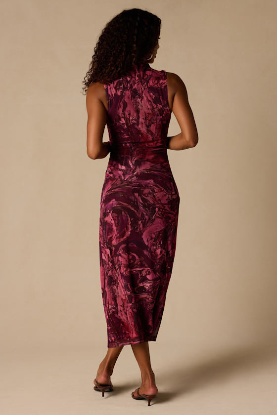 Rosannah Mauve Multi Abstract Mesh Mock Neck Midi Dress