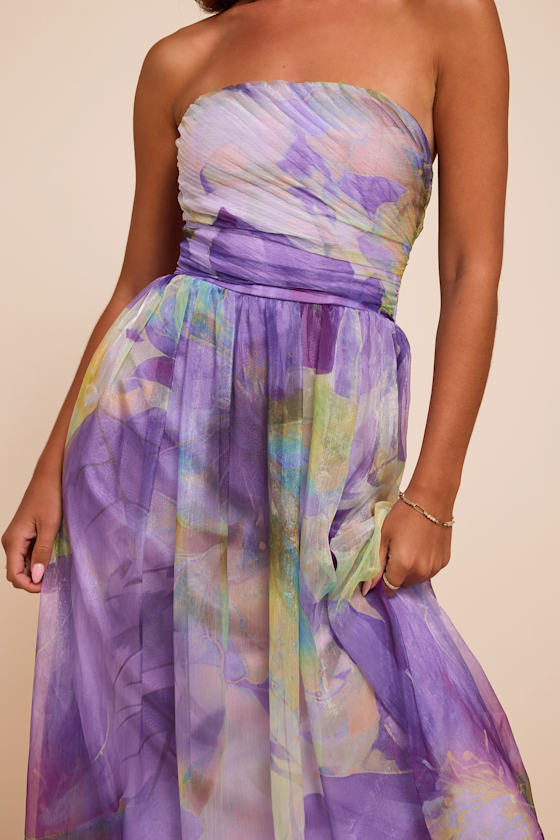 Galilea Purple Multi Floral Strapless Maxi Dress