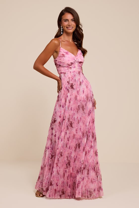 Whitley Light Pink Floral Pleated Sleeveless Maxi Dress
