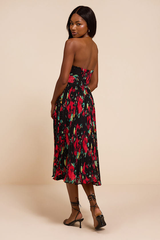 Renna Black Multi Abstract Strapless Midi Dress