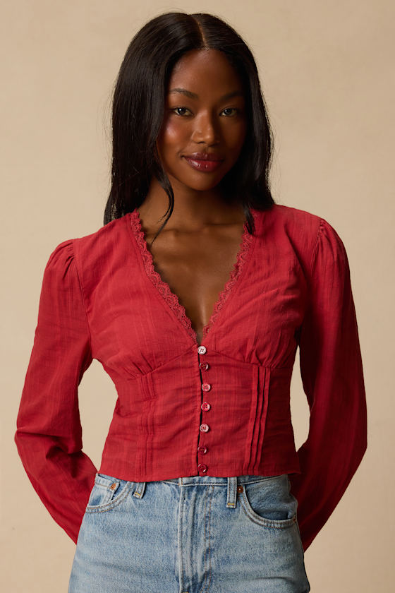 Keyra Rust Red Button-Front Balloon Sleeve Crop Top