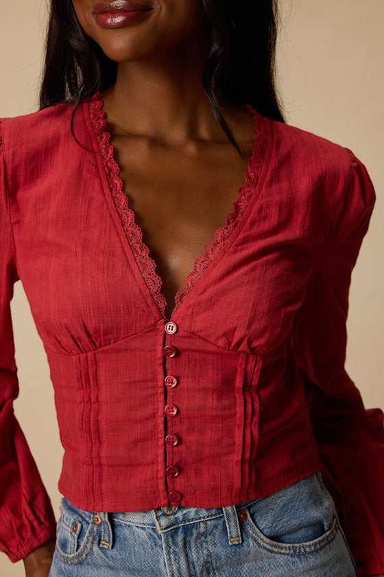 Keyra Rust Red Button-Front Balloon Sleeve Crop Top