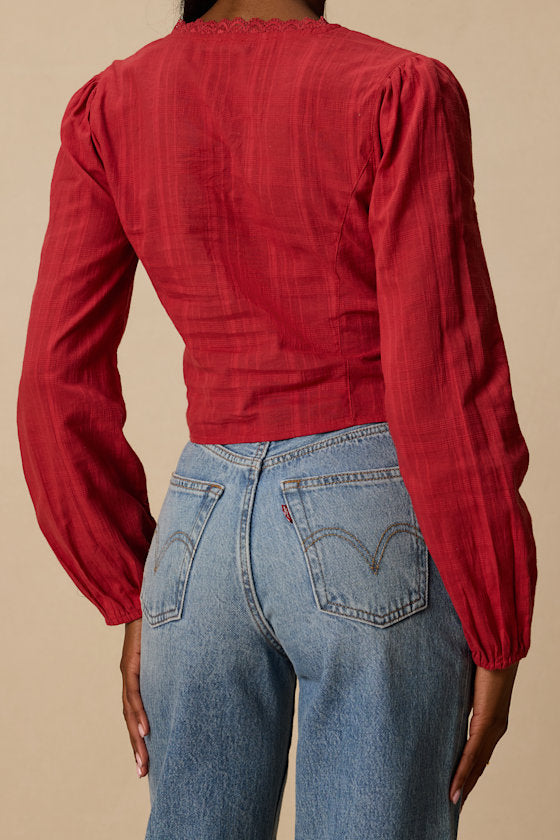 Keyra Rust Red Button-Front Balloon Sleeve Crop Top