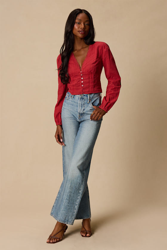 Keyra Rust Red Button-Front Balloon Sleeve Crop Top