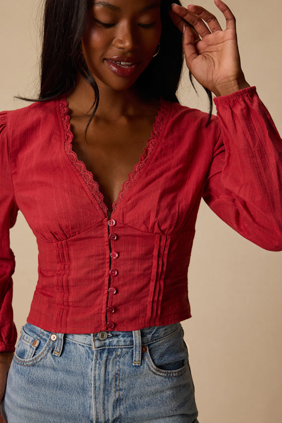 Keyra Rust Red Button-Front Balloon Sleeve Crop Top