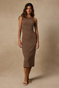 Naisha Brown and Yellow Striped Ribbed Knit Midi Dress