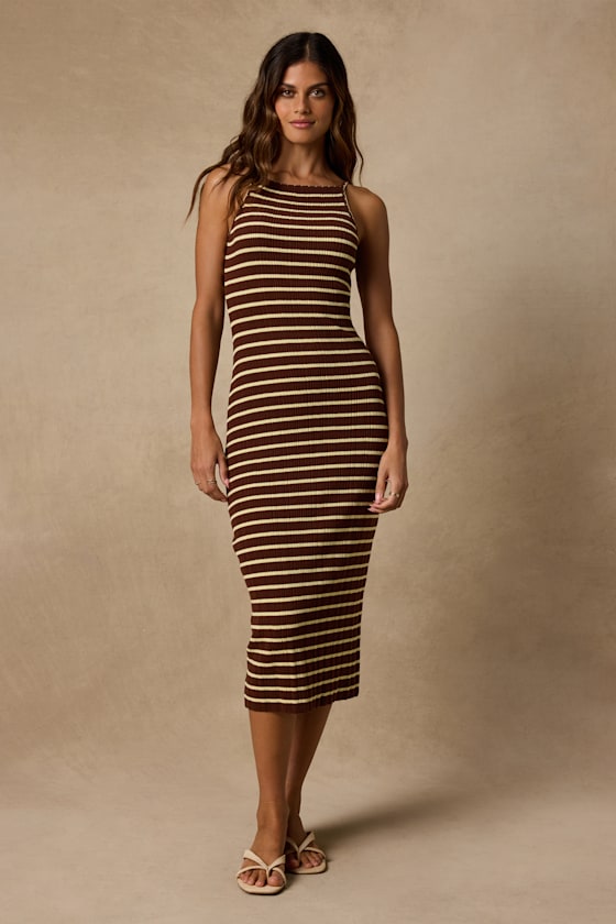 Naisha Brown and Yellow Striped Ribbed Knit Midi Dress