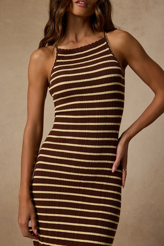 Naisha Brown and Yellow Striped Ribbed Knit Midi Dress