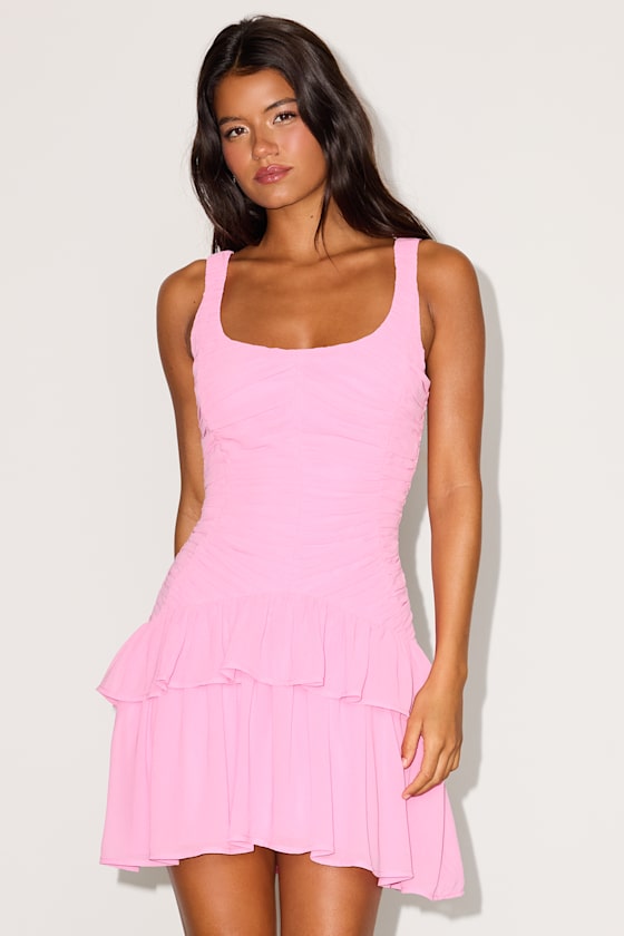 Castoria Pink Pleated Tiered Mini Dress