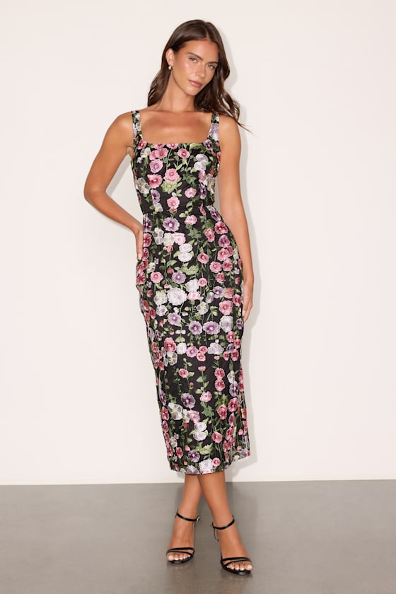 Alette Black Multi Floral Embroidered Column Midi Dress