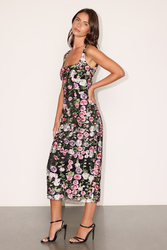 Alette Black Multi Floral Embroidered Column Midi Dress
