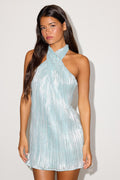 Collins Light Blue Lurex Plisse Halter Mini Dress