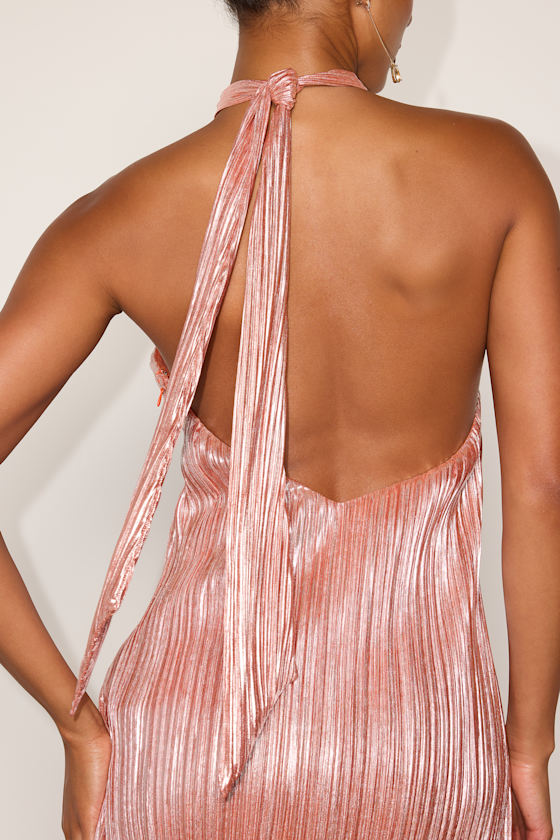 Collins Peach Lurex Plisse Halter Mini Dress