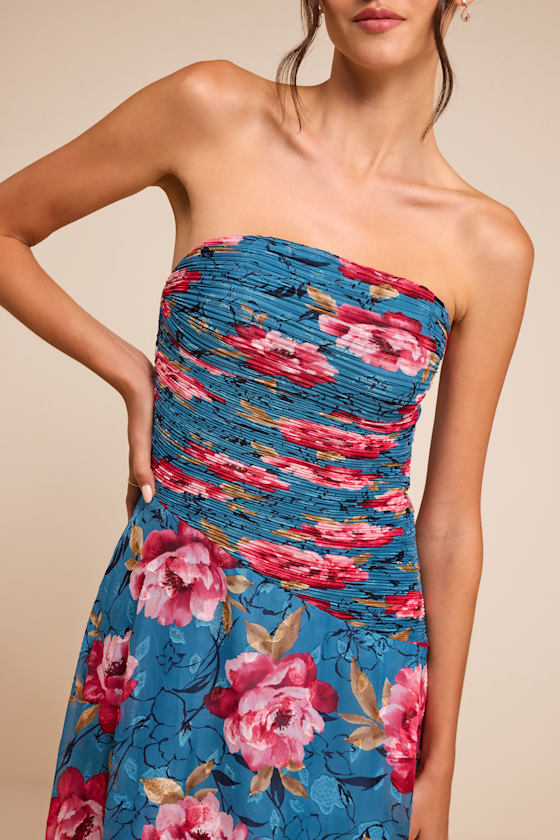 Tanya Blue Multi Satin Pleated Maxi Dress