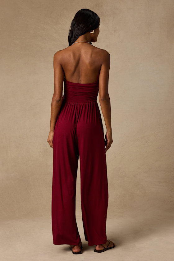 Flirty Posture Burgundy Jersey Knit Strapless Jumpsuit