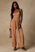Flirty Posture Light Brown Jersey Knit Strapless Jumpsuit