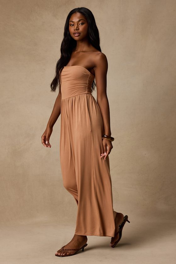 Flirty Posture Light Brown Jersey Knit Strapless Jumpsuit