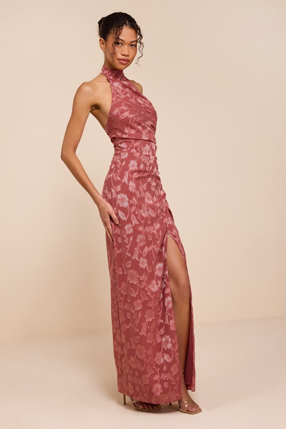 Felicia Rusty Rose Floral Burnout Column Maxi Dress