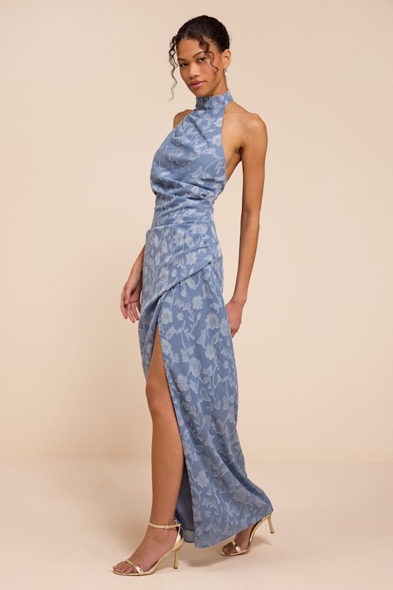 Felicia Slate Blue Floral Burnout Column Maxi Dress