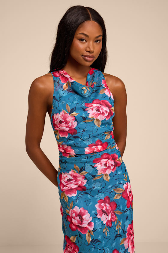 Fernanda Teal Blue Multi Floral Cowl Maxi Dress