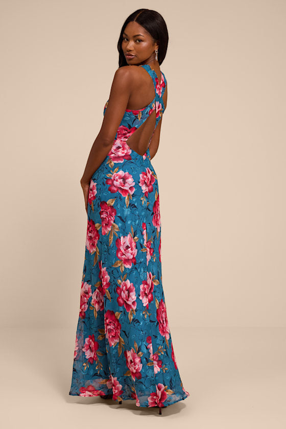 Fernanda Teal Blue Multi Floral Cowl Maxi Dress