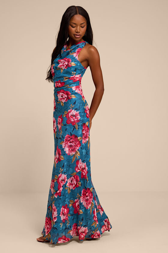 Fernanda Teal Blue Multi Floral Cowl Maxi Dress