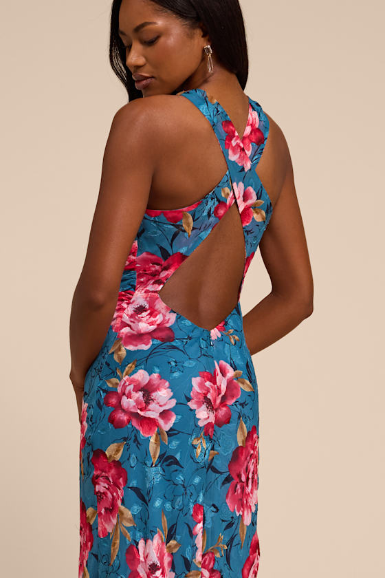 Fernanda Teal Blue Multi Floral Cowl Maxi Dress