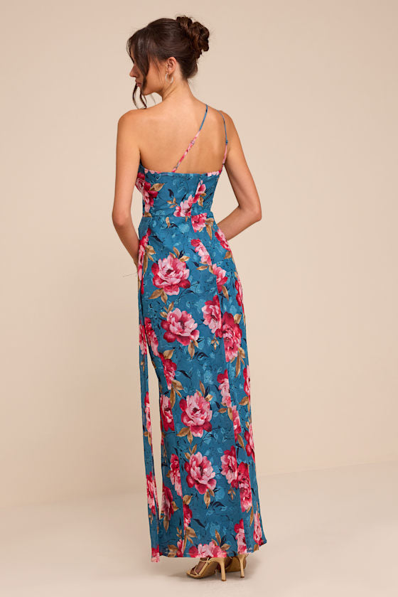 Miki Blue Floral Print One-Shoulder Sash Maxi Dress