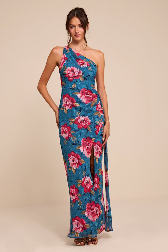 Miki Blue Floral Print One-Shoulder Sash Maxi Dress