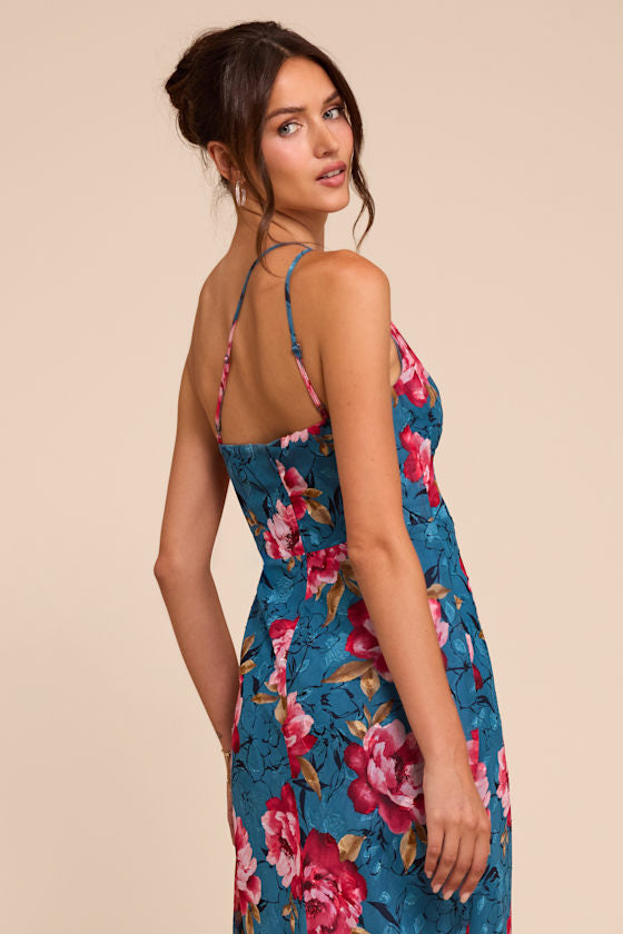 Miki Blue Floral Print One-Shoulder Sash Maxi Dress
