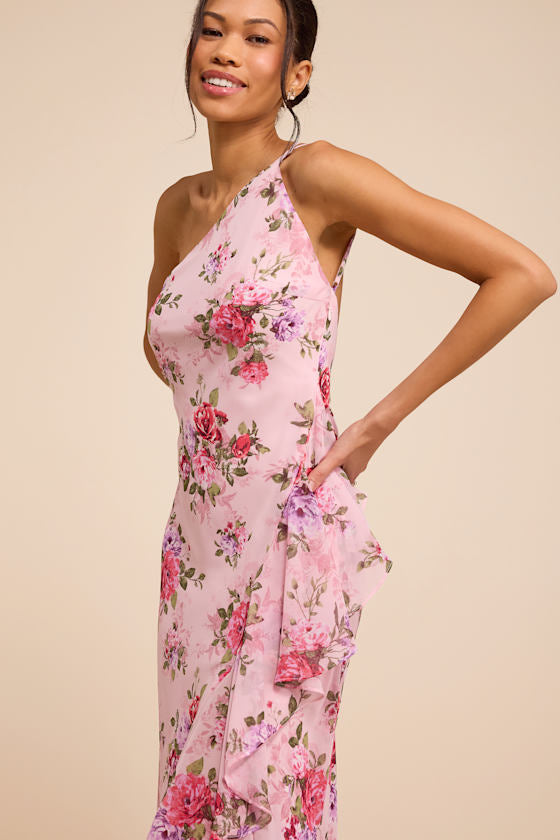 Haley Pink Floral Print One-Shoulder Ruffled Maxi Dress