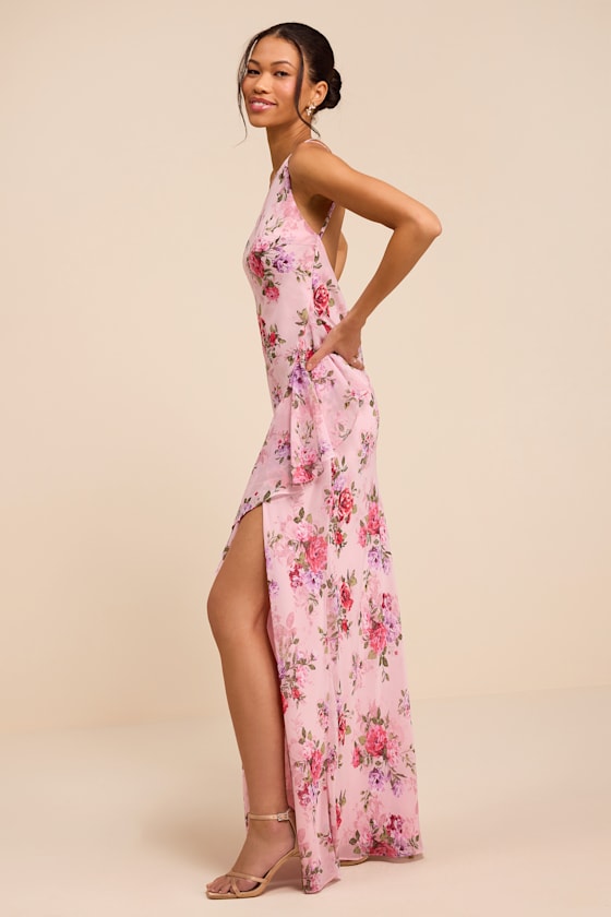 Haley Pink Floral Print One-Shoulder Ruffled Maxi Dress
