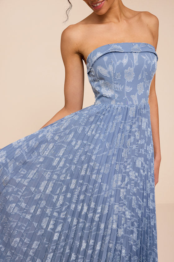 Elysium Slate Blue Floral Burnout Strapless Maxi Dress