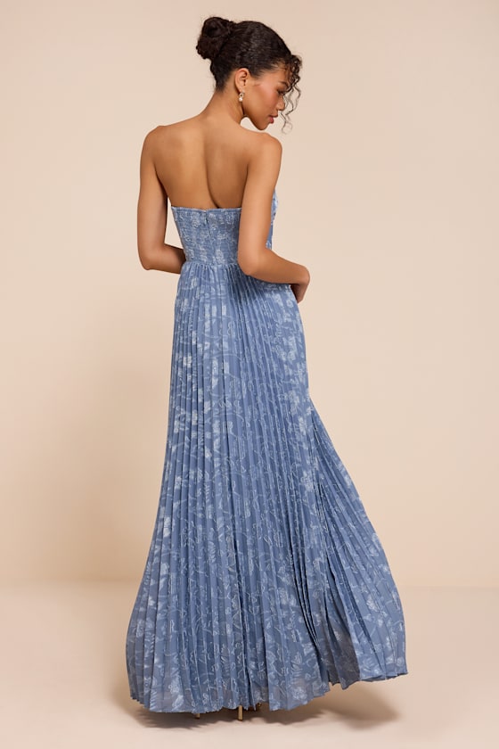 Elysium Slate Blue Floral Burnout Strapless Maxi Dress