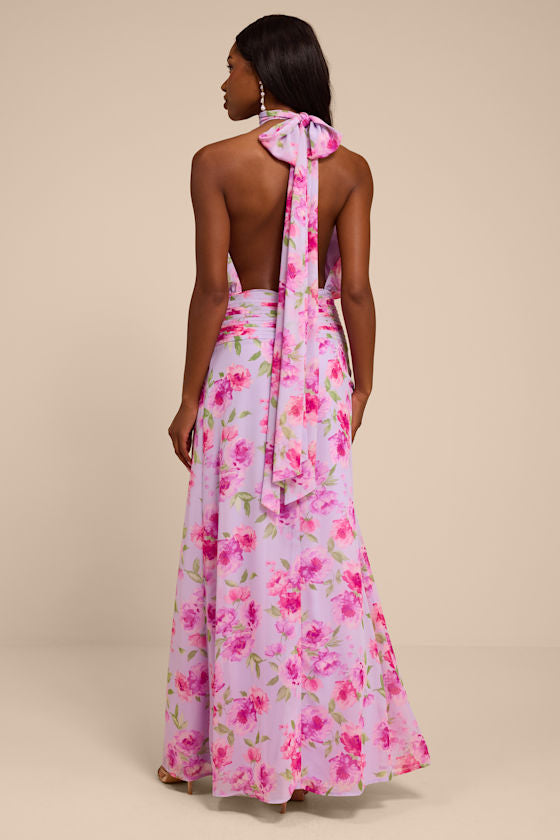 Kenzie Lavender Multi Floral Backless Maxi Dress