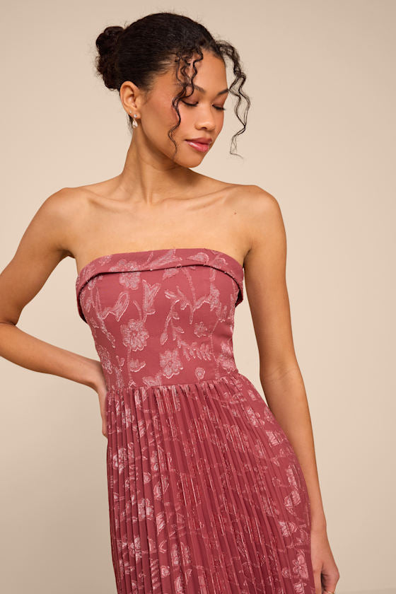 Elysium Rusty Rose Floral Burnout Strapless Maxi Dress