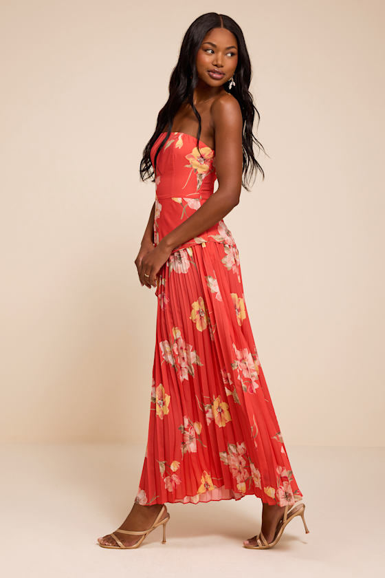 Novena Red Orange Multi Floral Drop Waist Midi Dress