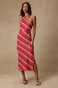 Reya Pink Multi Crochet Chevron One-Shoulder Midi Dress