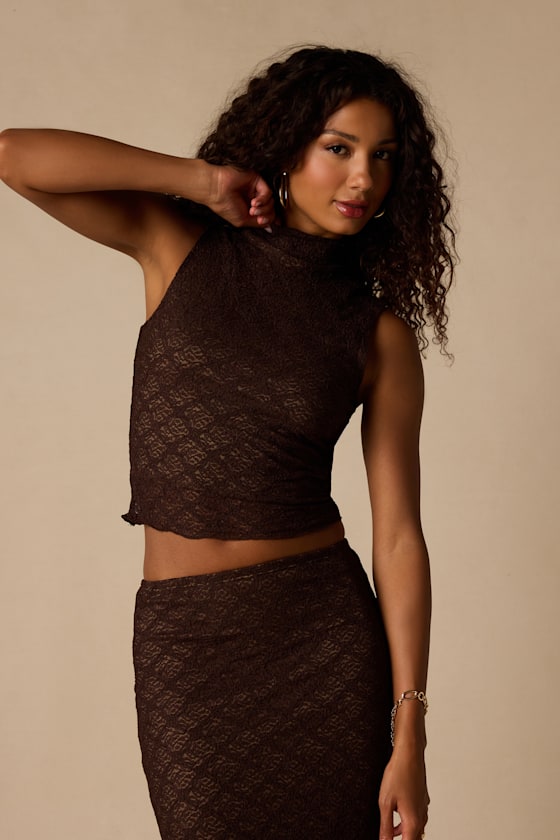 Carli Brown Lace Mock Neck Top