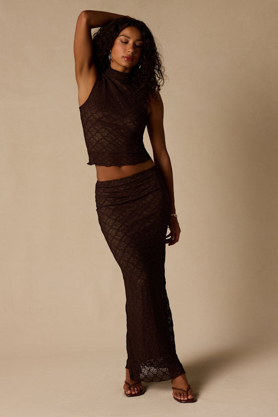 Carli Brown Lace Mid-Rise Maxi Skirt