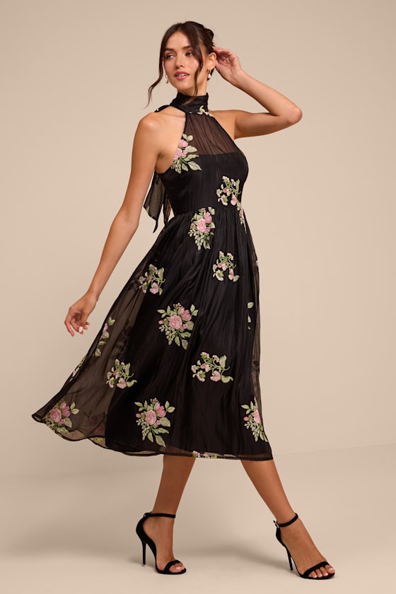 Kira Black Embroidered Halter Midi Dress
