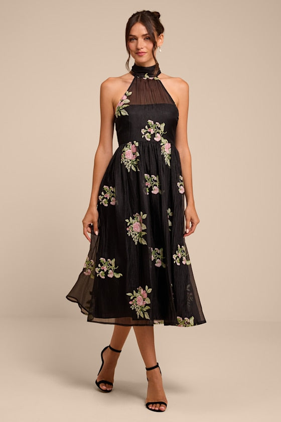 Kira Black Embroidered Halter Midi Dress