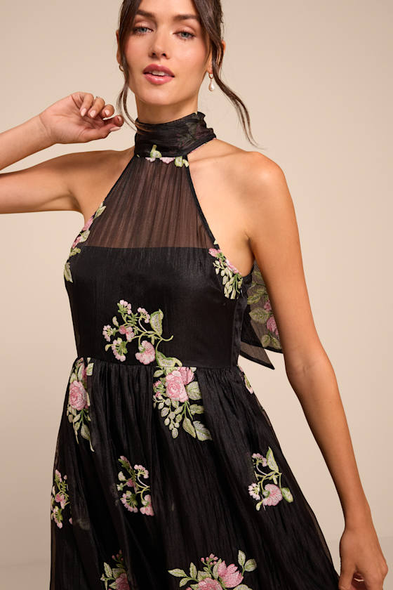 Kira Black Embroidered Halter Midi Dress
